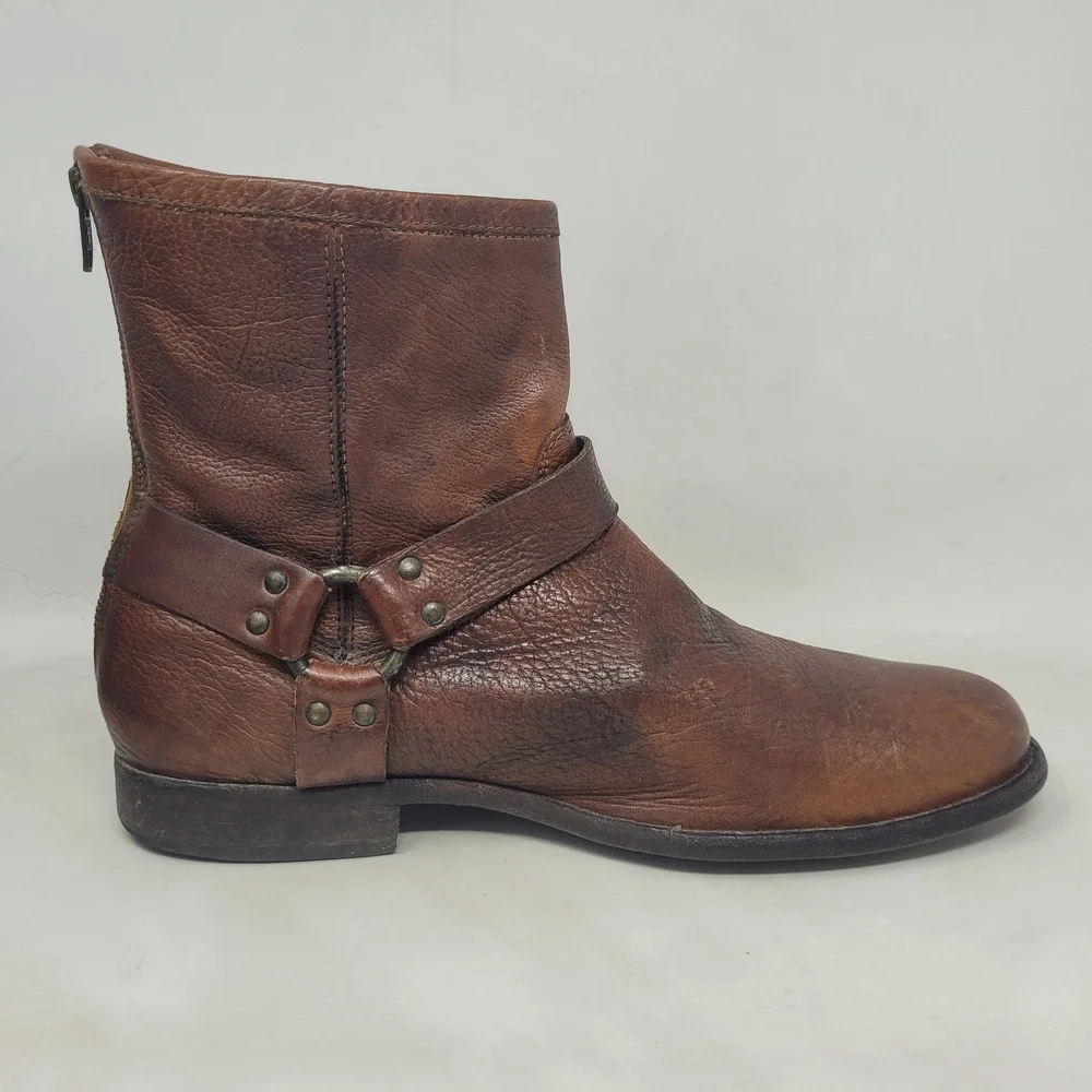 Frye Boots 12D Brown Leather Phillip Harness Short Moto Engineer Distressed Zip